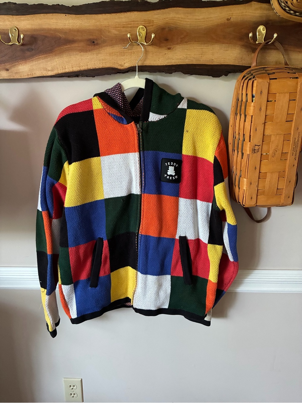 Teddy Fresh Colorblock Patchwork Zip-Up Sweater Hoodie Jacket XL